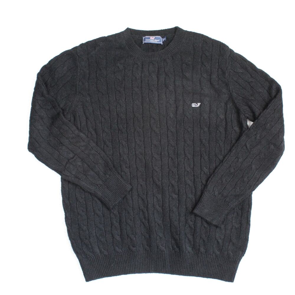 Vineyard Vines Cable Knit Sweater Womens Medium Black Whale Logo Preppy Classic